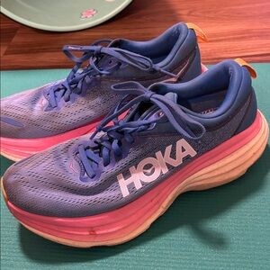 Hoka Bondi Blue and Pink running Shoes